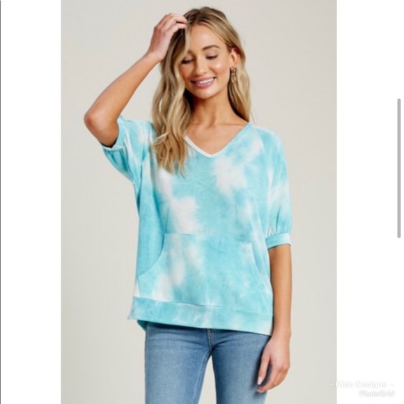 Teal Tie-Dye French Terry kangaroo pocket top - Picture 6 of 8
